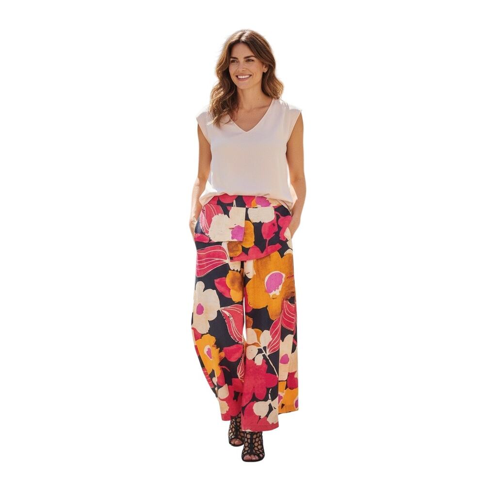 IC Collection Woven Floral Print Fuchsia Palazzo Wide Leg Pants boho Size M